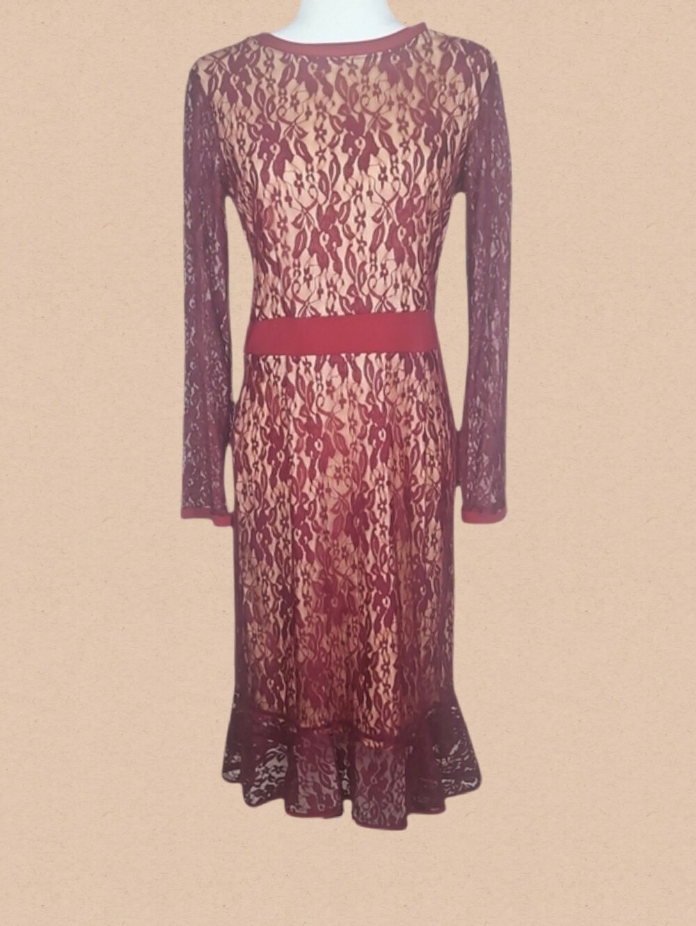 Melissa Masse Women’s Burgundy Lace Long-Sleeve Midi Dress Retro Feminine M